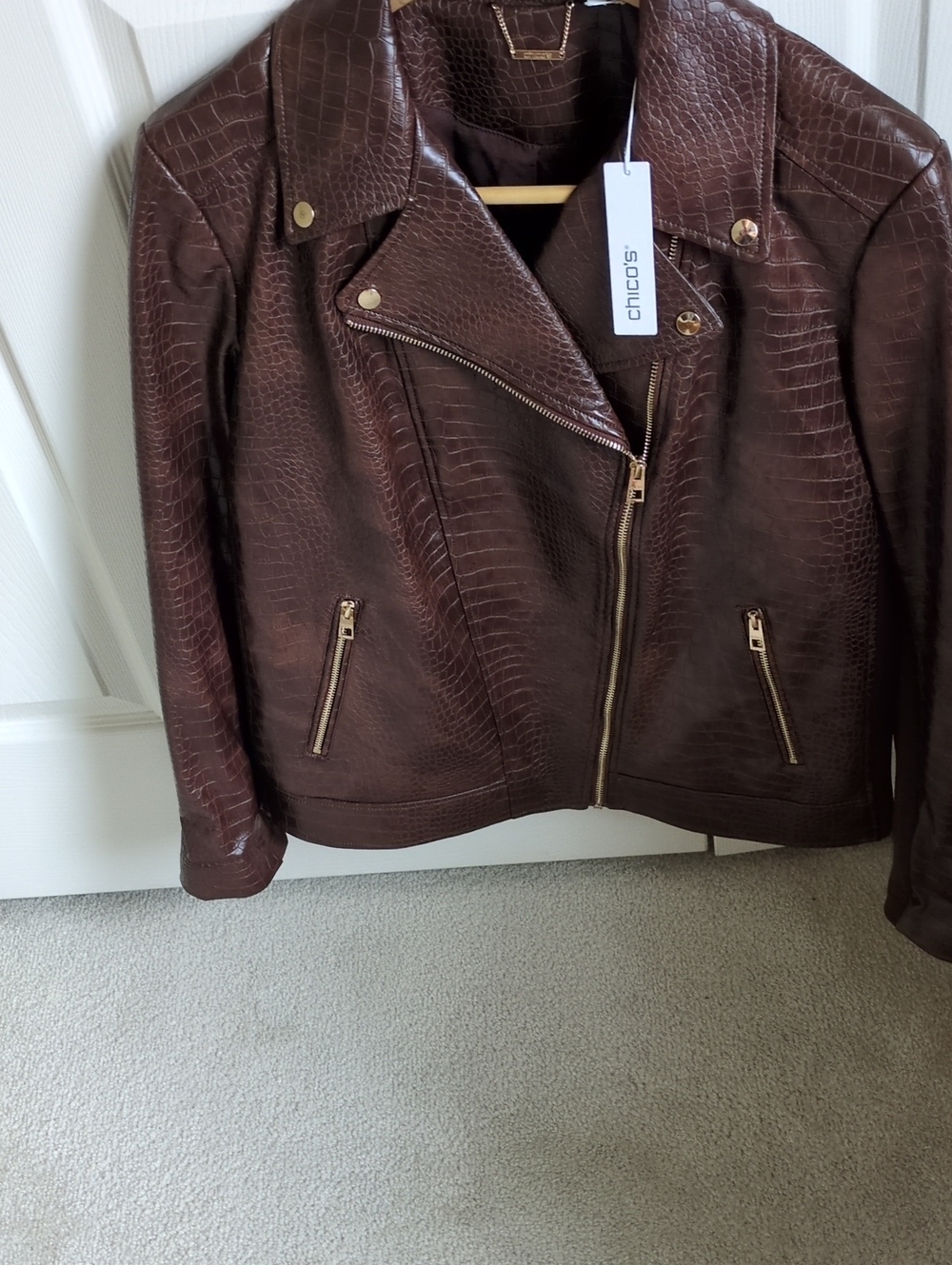 NWT - Chico's Chocolate Brown Faux Croc Leather Moto Jacket